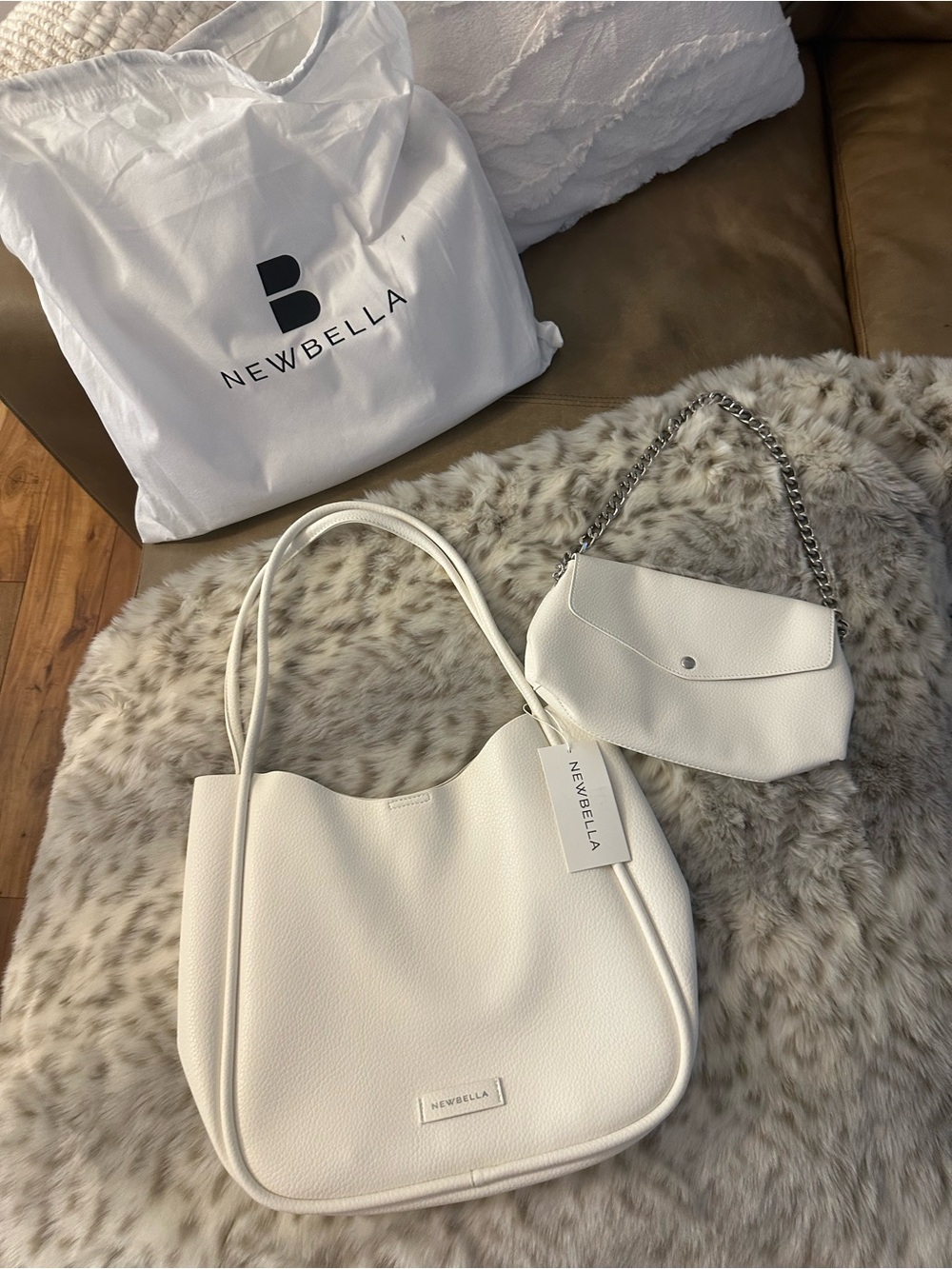 NEWBELLA White Vegan Leather 2pc Shoulder Bag Set
